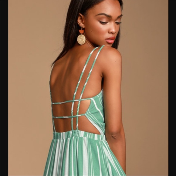 NWT Lulu’s Oceanside Adventure Green and White Striped Dress - Picture 3 of 13